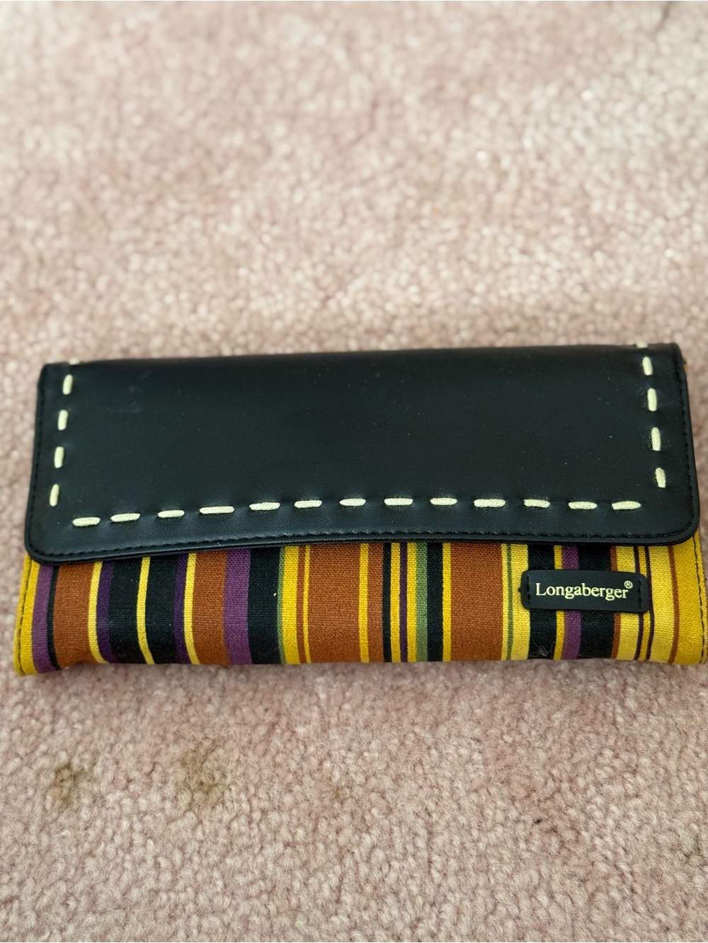 Longaberger Black Flap Striped Wallet with Mustard and Purple Accents